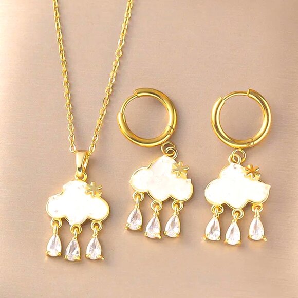 18k GOLD DIP SET OF MOTHER OF PEAR RAIN ClOUD AND RAINCLOUD EARRINGS W/DROPLETS - Picture 1 of 1